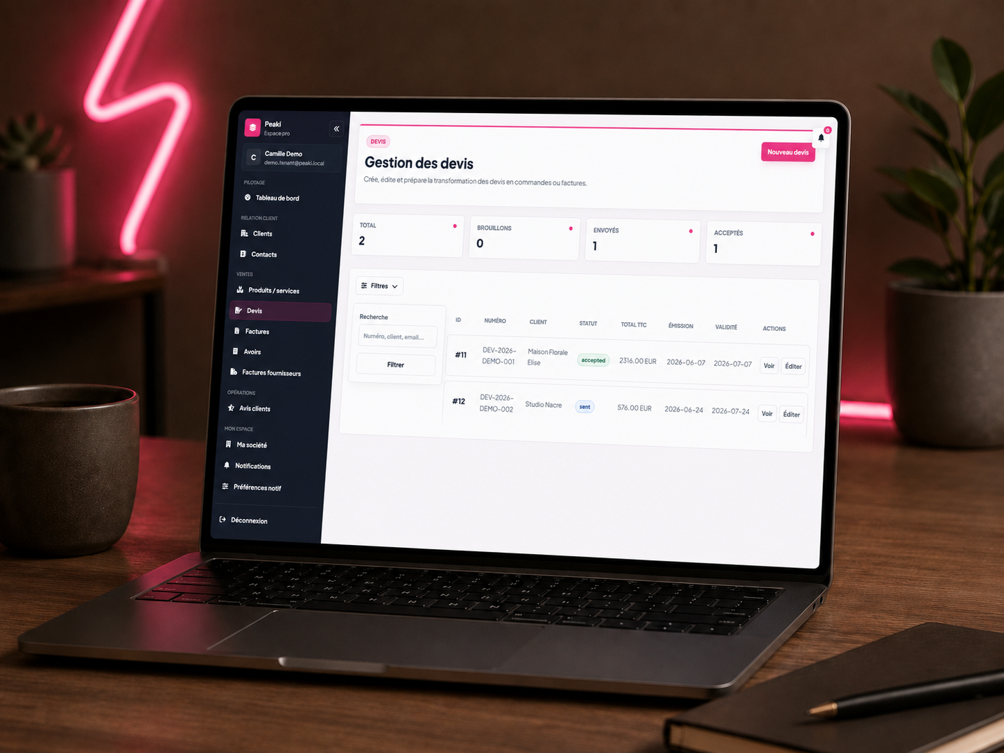 Gestion des devis dans le CRM Peaki
